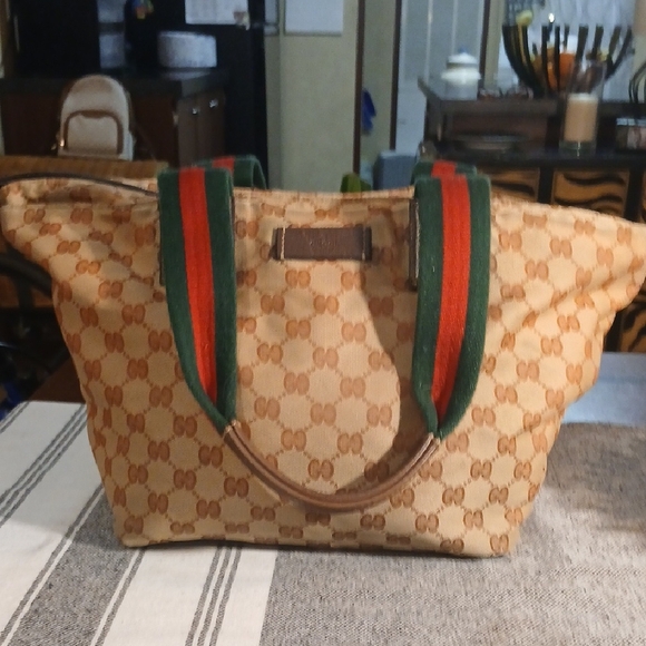 Authentic Gucci Web Sherry Line Tote Bag GG  Anvas Leather - Picture 1 of 16